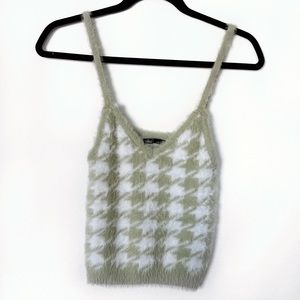 Boutique Pastel Fuzzy Houndstooth Mint White V Neck Tank Top Women’s XS